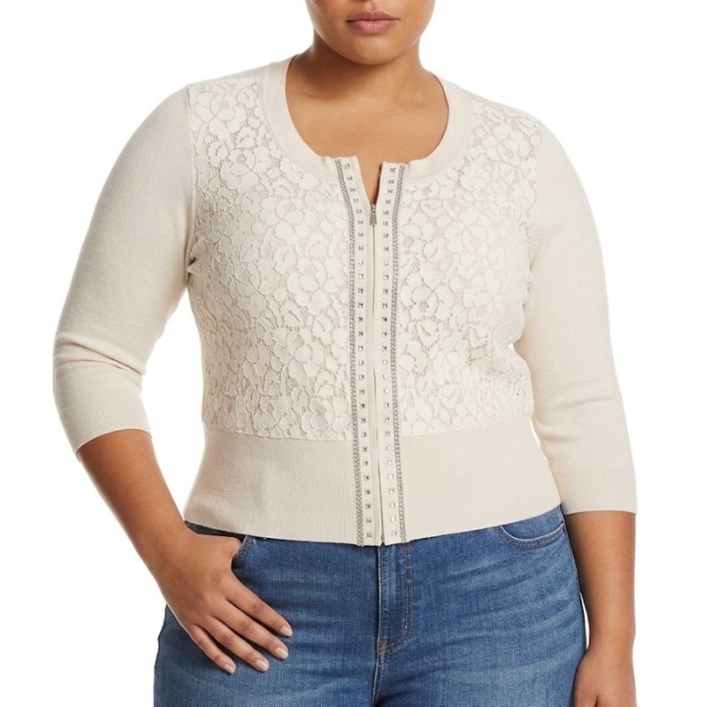 New White House Black Market Cardigan XL Beige Lace Studded Zip Front Sweater